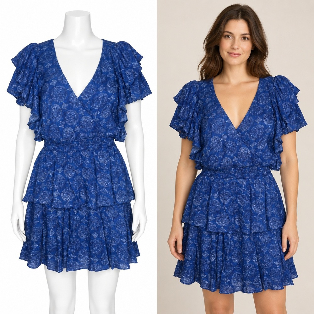 Celina Moon Dress Womens S Blue Floral Ruffle Tiered Mini V Neck Feminine Party